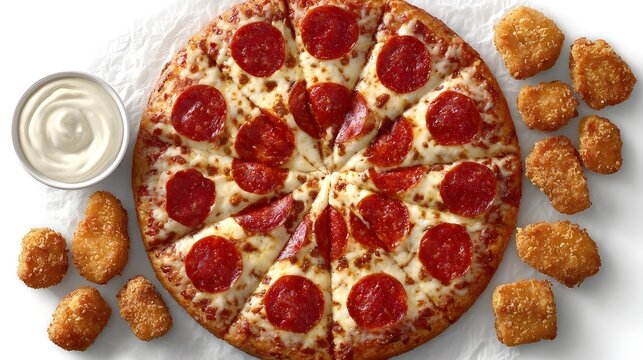 Top view fast food combo with pepperoni pizza slices, nuggets and garlic dip on clean white background with left copy space