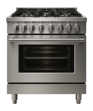 A freestanding dual fuel range with a stainless steel body, gas cooktop, and electric oven.