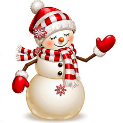 Cute snowman wearing a festive hat and scarf with mittens