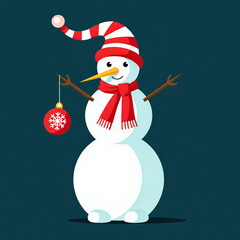 Cute snowman wearing a santa hat and scarf holding a christmas ornament