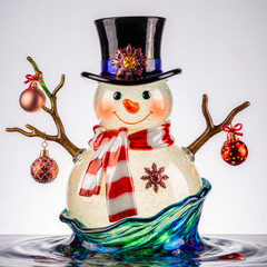 Whimsical glass snowman wearing a top hat and scarf with ornaments