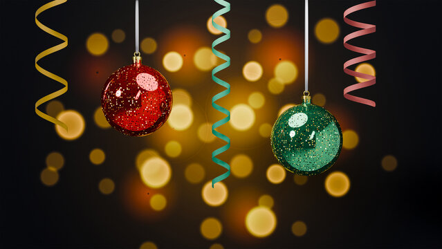 Festive Christmas ornaments with glowing golden bokeh lights and colorful ribbons. Bright holiday background perfect for banners, ads, greeting cards, marketing materials and seasonal designs