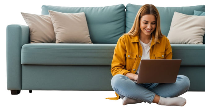 Woman sitting crosslegged on the floor in front of a sofa, working on a laptop computer, smiling isolated on transparent background - Powered by Adobe