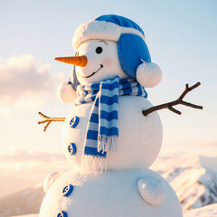 Cheerful snowman wearing blue hat and scarf in winter landscape