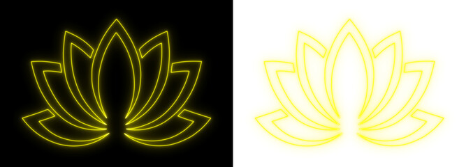 Glowing neon lotus symbol in yellow on dark and transparent backgrounds, minimalist spiritual floral line art design