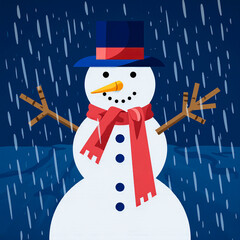 Cute snowman wearing a hat and scarf in a winter snowstorm