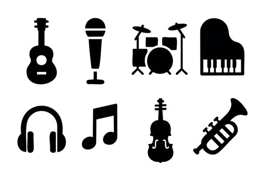 A collection of black icons featuring musical instruments including a guitar, piano, drums, and accessories like a microphone and headphones, ideal for a music project.
