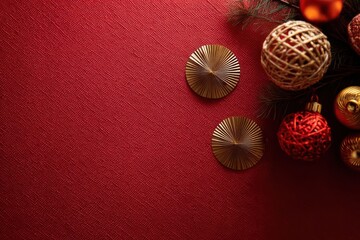 Festive christmas ornaments in warm golden and red tones scattered on a textured dark red background