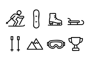 Various winter sports gear is displayed, highlighting skiing, snowboarding, ice skating, and sledding. This scene captures the excitement of outdoor winter activities.