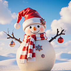 Cheerful snowman wearing a santa hat and striped scarf with ornaments
