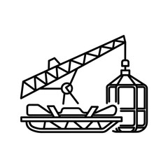 Mountain rescue operation icon showing a stretcher being lifted towards a cable car gondola, emergency transport.
