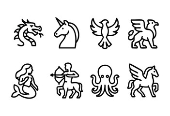 Naklejka premium Various mythical creatures are illustrated in a series of simple line art, showcasing a dragon, unicorn, mermaid, and more, all engaging in different poses and activities.