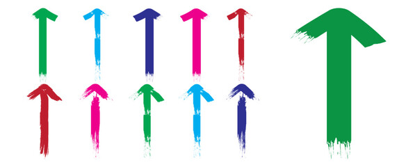 Series of colorful arrows pointing in different directions. Set of Colorful line hand drawn curved vector arrows icons.  Paint brush stroke pointer. Graffiti paint brush strokes vector collection.