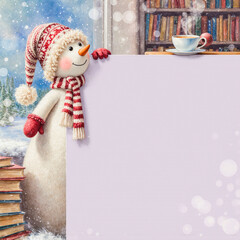 Cute snowman holding a blank sign with a cozy winter scene