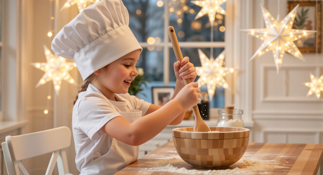 Little girl in chef hat baking Christmas cookies in kitchen. Happy child mixing dough in wooden bowl with star lights background. Holiday cooking concept