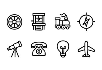 Icons display different inventions and tools that symbolize technological advancement, including a wheel, telephone, telescope, and train, highlighting human innovation and creativity.