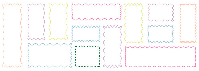  Zigzag wavy edges, rectangles, photo frames, text boxes, tags, labels. Pastel colored doodle crayon drawn whimsical frames with spiral. Hand-drawn Decorative colorful Frame Border Set. 