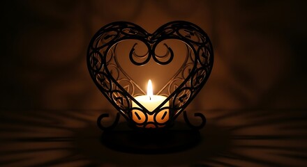 Romantic heart shaped candle holder illuminates with warm glow on a textured surface