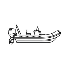 Line art illustration of a rigid inflatable boat (rib) with an outboard motor, perfect for marine recreation and water sports.