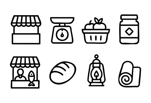 Various market stalls display fresh produce, fish, and jars of goods, highlighting local vendors and their offerings in a vibrant community setting.