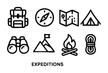 Fototapeta premium A collection of simple icons illustrating items related to outdoor expeditions. Includes a backpack, compass, map, tent, binoculars, mountains, campfire, and rope.