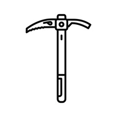 Minimalist black outline icon of an ice axe, a crucial tool for professional and recreational mountain climbing, glacier travel.