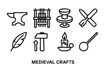 Symbols representing various medieval crafts are shown, including blacksmithing, weaving, and candle making, illustrating traditional skills and artistry from the past.