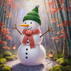 Charming snowman wearing a green hat and scarf in a magical forest