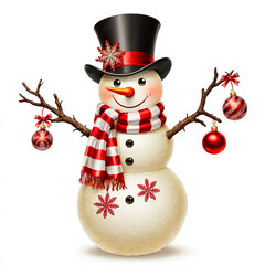 Charming snowman wearing a top hat and scarf with christmas ornaments