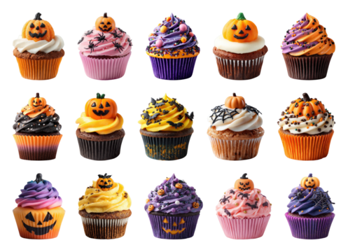 PNG Halloween-themed cupcakes with decorations, element set on transparent background