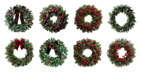 PNG Festive wreaths with berries and bows, element set on transparent background