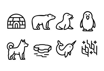 Fototapeta premium Various simple icons depict Arctic animals like a polar bear, seal, and narwhal alongside an igloo and a dog, showcasing a playful exploration of wildlife.