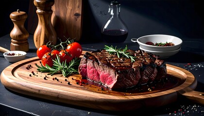 Auf einem hölzernen Schneidebrett liegt ein saftiges Steak mit gerösteten Kirschtomaten und verschiedenen Kräutern, Pfeffer.