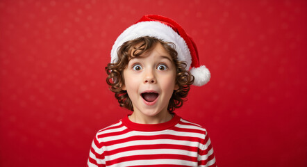 Surprised little boy wearing a Santa hat on a red background. Portrait of an excited child with curly hair and open mouth. Christmas holiday concept