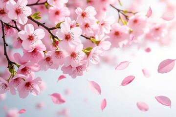 Obraz premium Pink sakura tree with delicate blossoms and falling petals in spring.