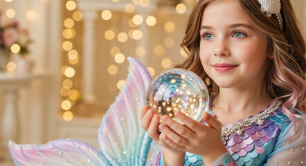 Naklejka premium Cute little girl holding a magic crystal ball in a mermaid costume. Child with fairy wings celebrating Christmas and New Year. Fantasy fortune teller concept