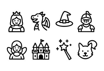 Colorful fantasy icons depict a princess, dragon, knight, angel, magic wand, castle, and a cat, all representing a whimsical fairytale theme.