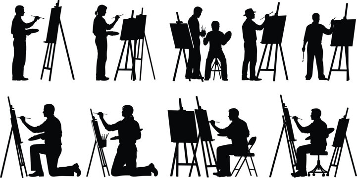 Silhouettes of artists painting on easels, standing and sitting, creating artwork, drawing with brushes, studio art poses for creative design resources
