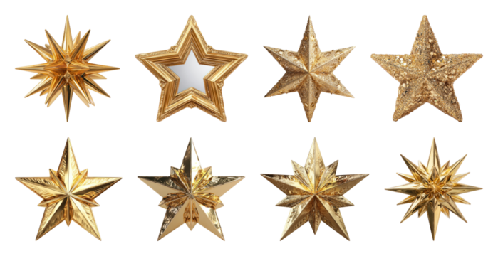 PNG Golden decorative star ornaments, element set on transparent background