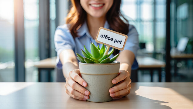 Woman holding potted plant with "office pet" sign at desk in modern workspace. Workplace Decor Inspiration, office greenery and workplace wellness. office plant pet, healthy work environment