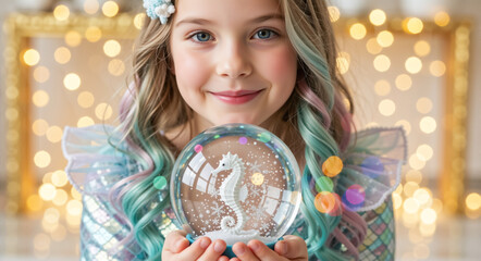 Naklejka premium Smiling girl in mermaid costume holding snow globe with seahorse inside. Christmas and New Year holiday concept with golden bokeh background