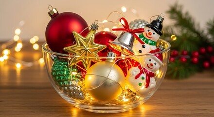 A clear glass bowl overflowing with festive christmas ornaments and twinkling fairy lights