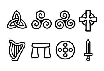 Various Celtic symbols are showcased, including a trinity knot, spiral patterns, a cross, a harp, and a sword. Each symbol reflects a rich history and cultural meaning.