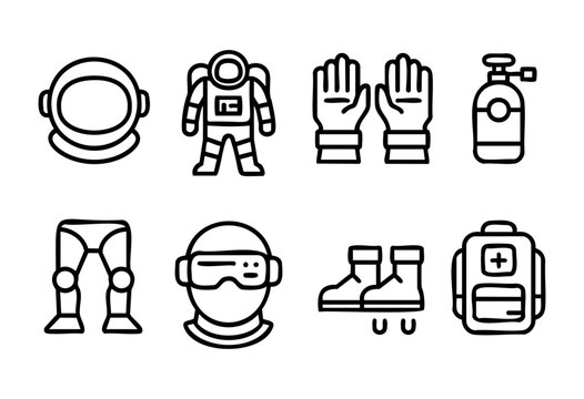 Various space exploration equipment is displayed, featuring an astronaut suit, gloves, an oxygen tank, a helmet, and other essential gear for space missions.