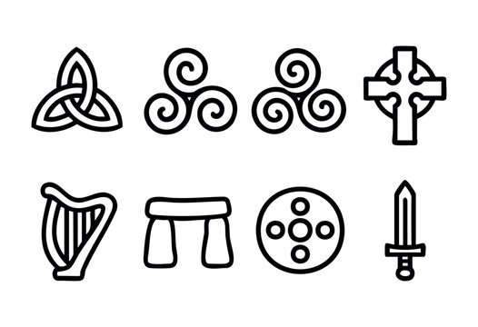 Various Celtic symbols are showcased, including a trinity knot, spiral patterns, a cross, a harp, and a sword. Each symbol reflects a rich history and cultural meaning.