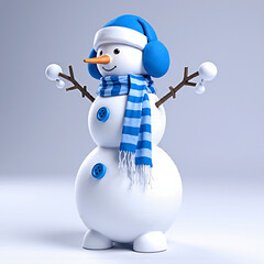 Cute 3d snowman wearing a blue hat and scarf with arms outstretched