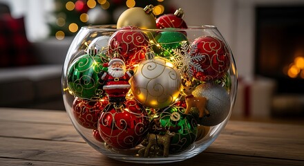 Festive christmas ornaments and twinkling lights fill a large glass vase creating a warm holiday centerpiece