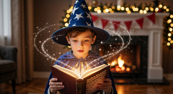 Little boy dressed as wizard reading magic book with illuminated particles. Child in blue star hat and cape holding open storybook near fireplace. Christmas holiday fantasy concept