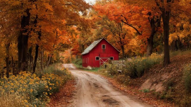 Serene autumn scene with red barn amidst colorful foliage and dirt path