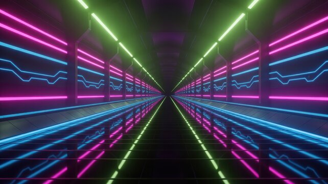 Futuristic neon tunnel with vibrant glowing lights cyber space